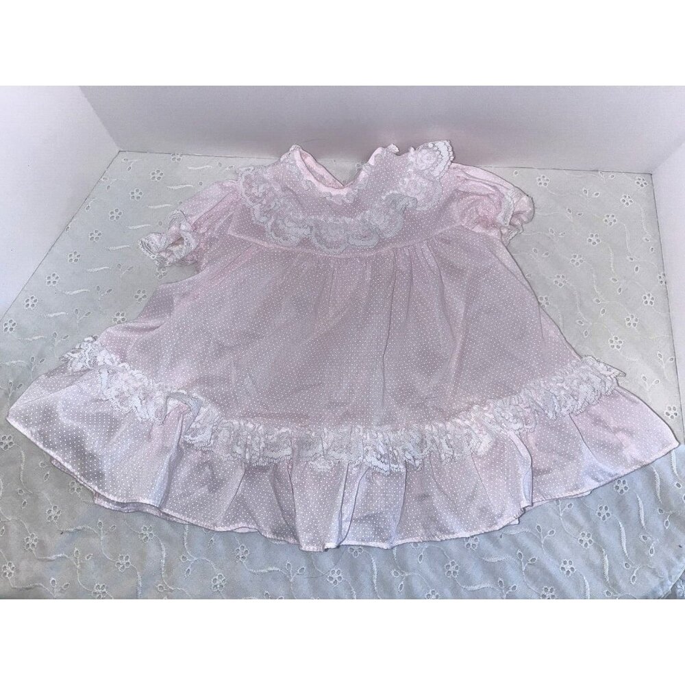 Vtg 80s BRYAN Pink White Polka Dot Lace Ruffled Girl's 6-9 mo Dress EUC
